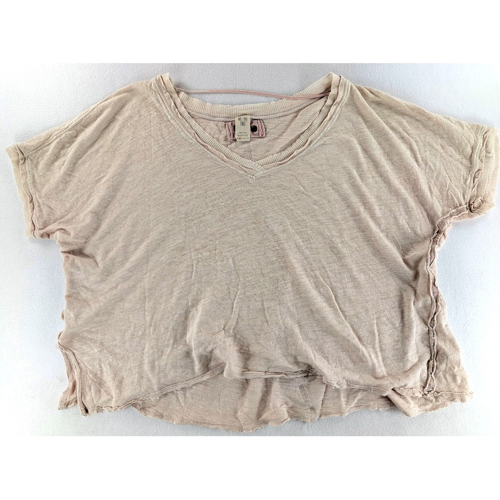 Free People We The Free Womens XS Beige Linen Viscose Distressed Boxy Crop Tee